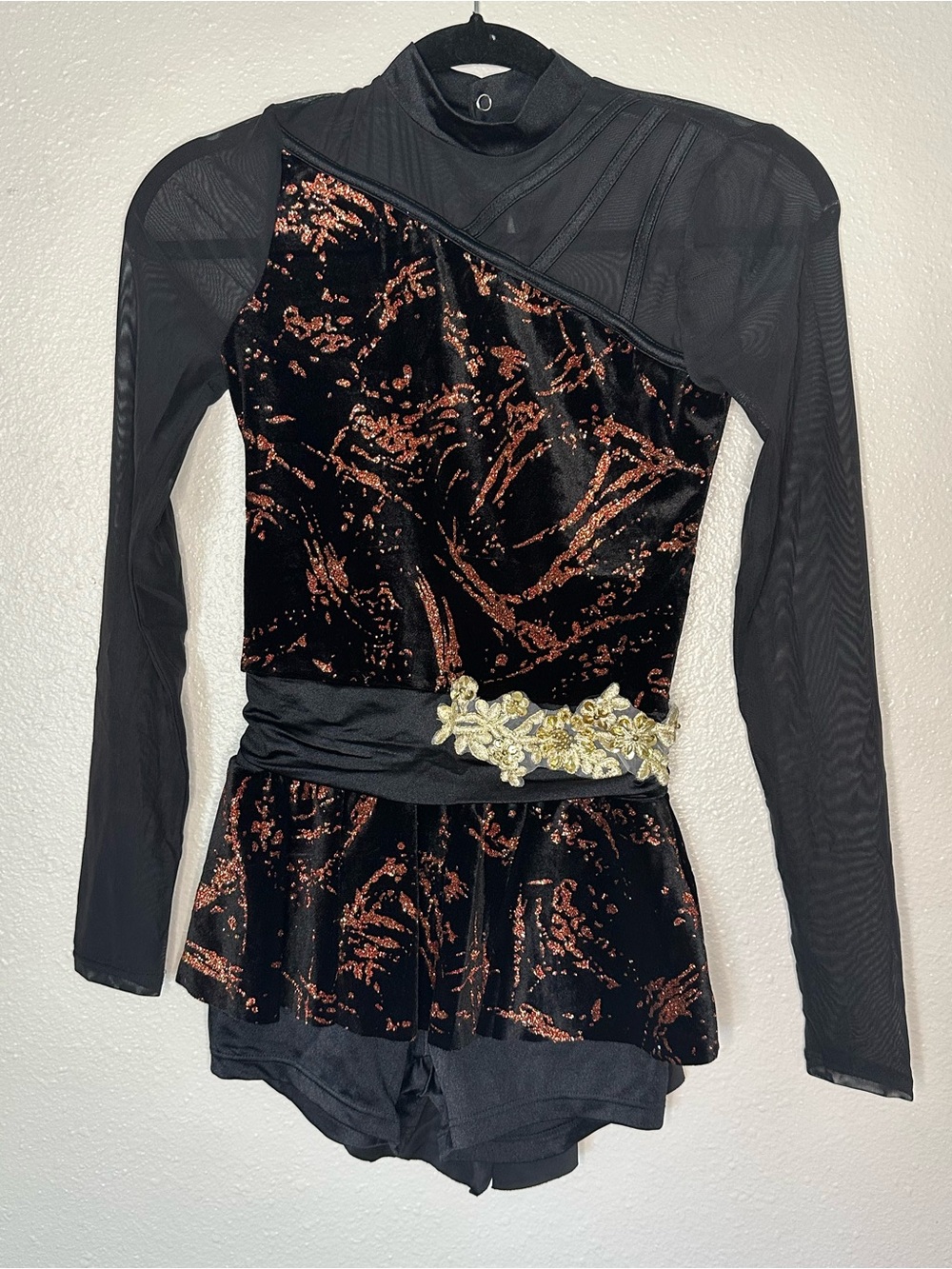 Weissman Black Long-Sleeve Mesh and Copper Sequin Dance Tunic with Gold Appliqué